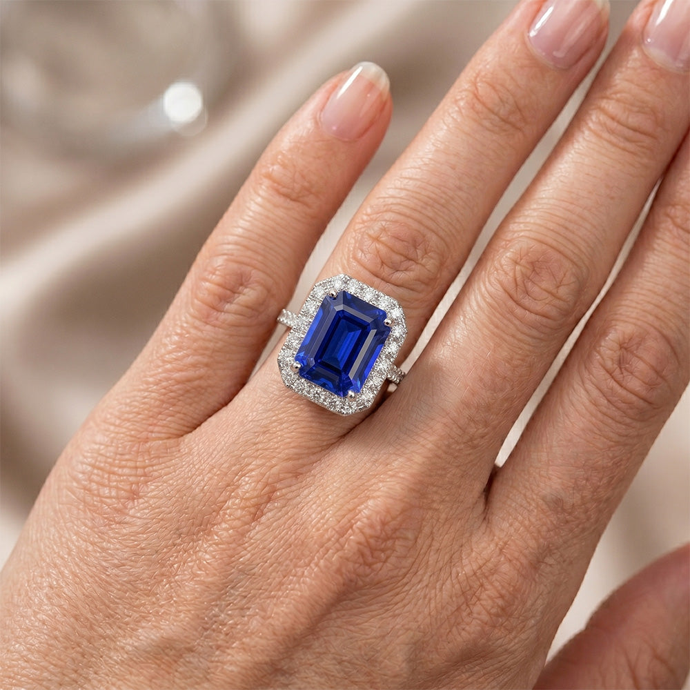Halo Blue Sapphire Natural Earth Mined Diamond Ring With Accents 10.25 Carats