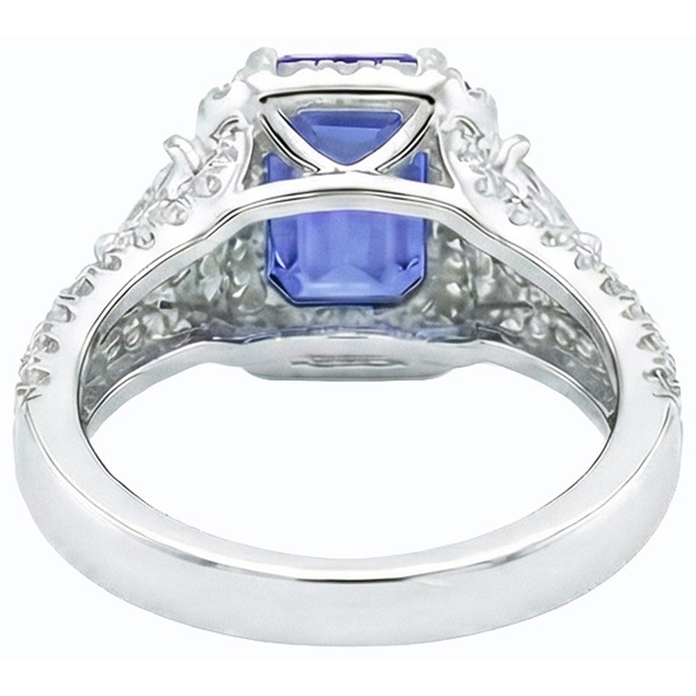 Halo Blue Sapphire Ring 3 Stone Style Emerald & Natural Earth Mined Diamonds 3.50 Carats