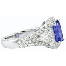 Halo Blue Sapphire Ring 3 Stone Style Emerald & Natural Earth Mined Diamonds 3.50 Carats