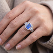 Halo Blue Sapphire Ring 3 Stone Style Emerald & Natural Earth Mined Diamonds 3.50 Carats