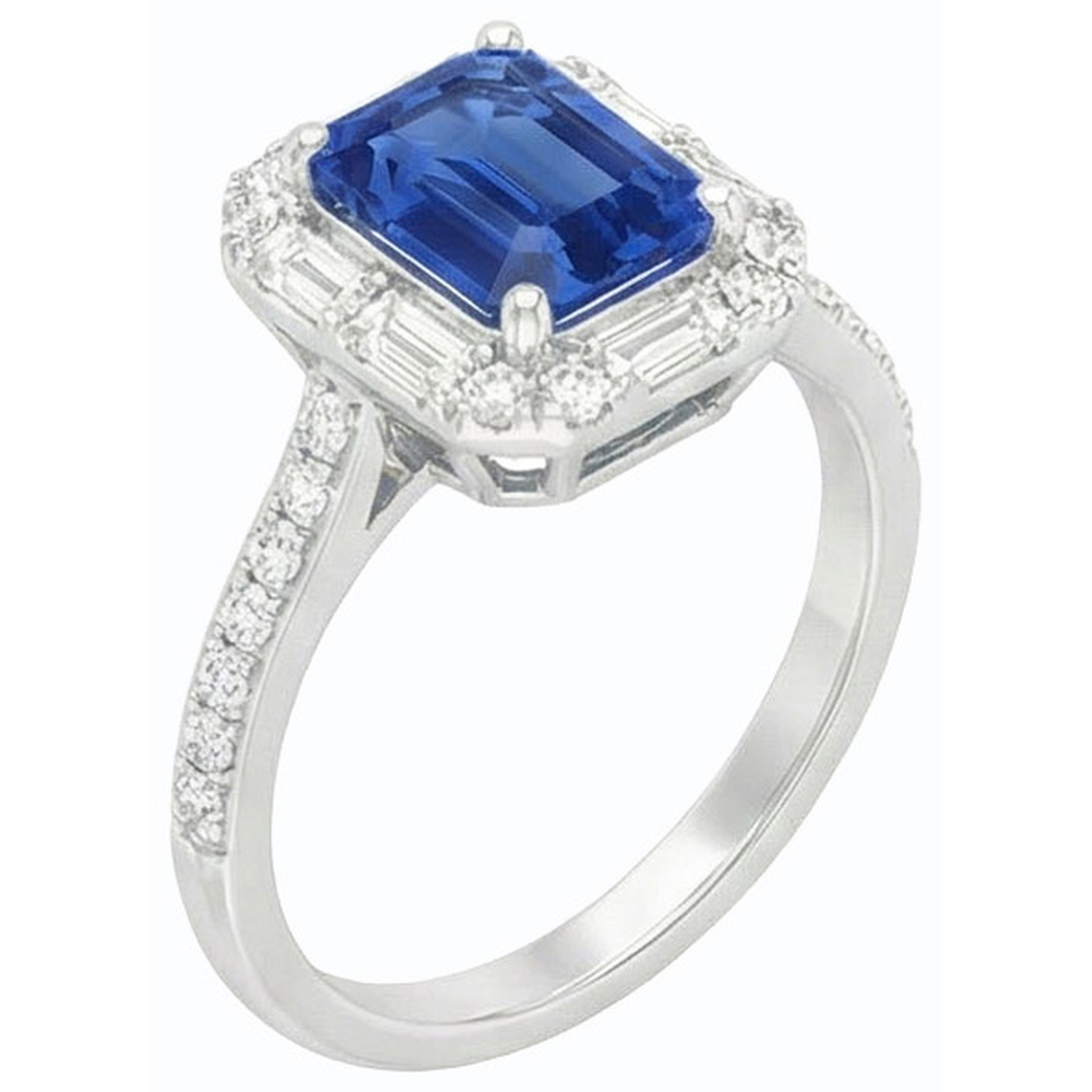 Halo Blue Sapphire Ring Baguette & Round Natural Earth Mined Diamond Jewellery 3 Carats