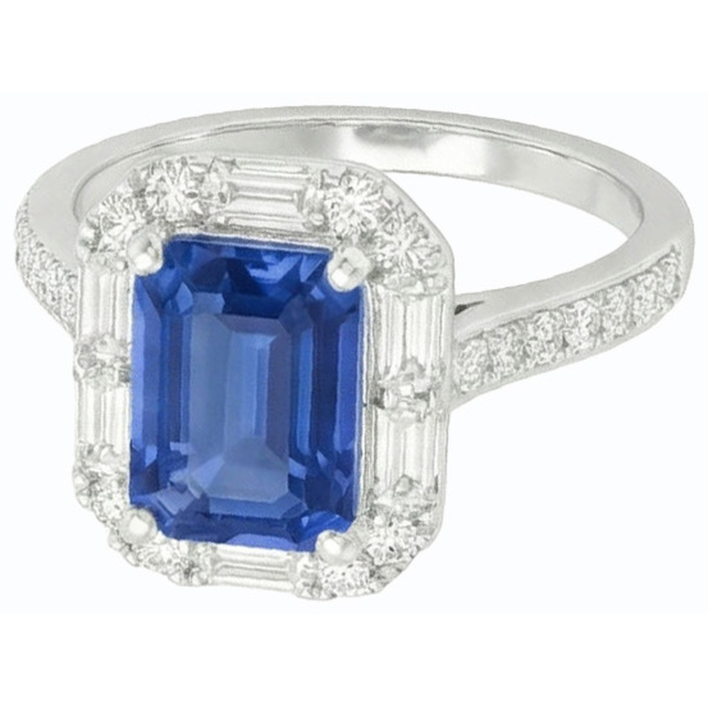 Halo Blue Sapphire Ring Baguette & Round Natural Earth Mined Diamond Jewellery 3 Carats