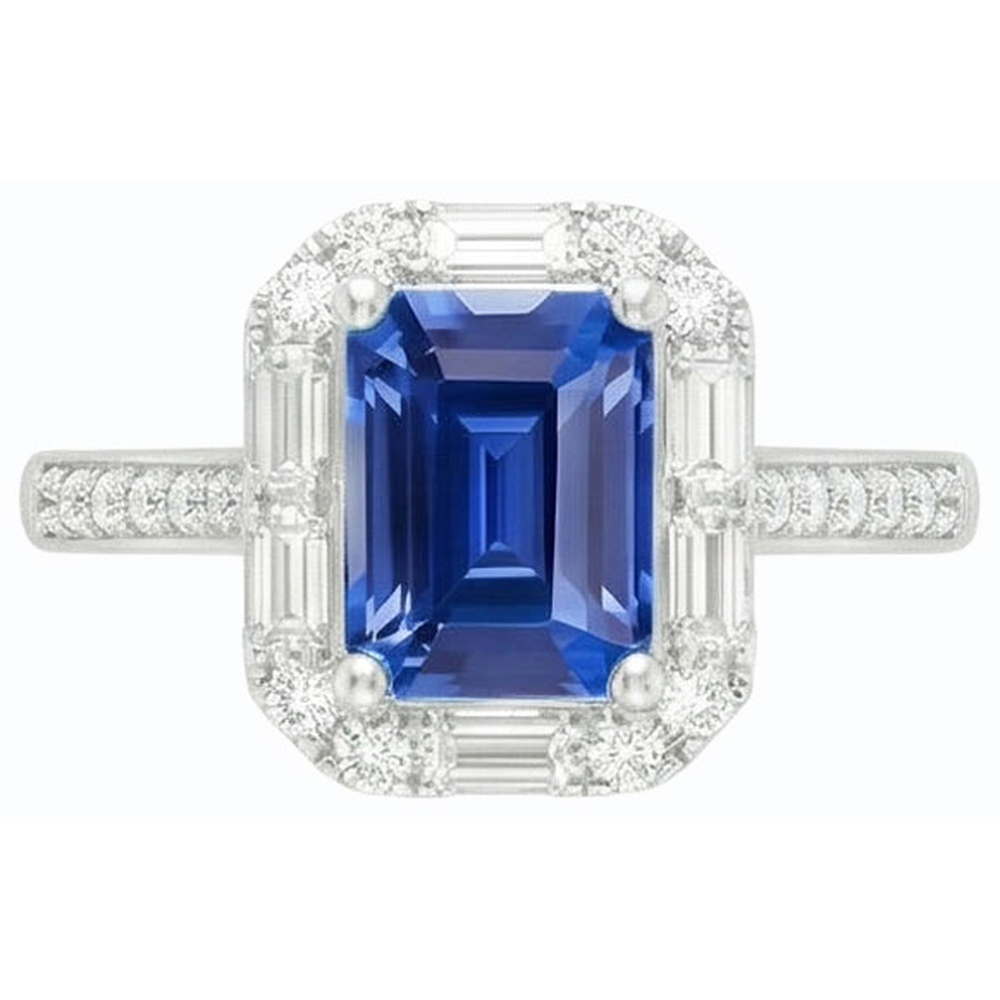 Halo Blue Sapphire Ring Baguette & Round Natural Earth Mined Diamond Jewellery 3 Carats