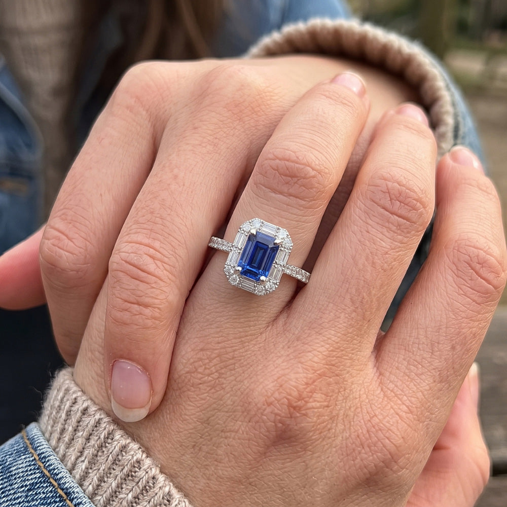 Halo Blue Sapphire Ring Baguette & Round Natural Earth Mined Diamond Jewellery 3 Carats