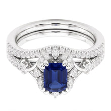 Halo Cathedral Setting Wedding Ring Set Blue Sapphire & Natural Earth Mined Diamonds