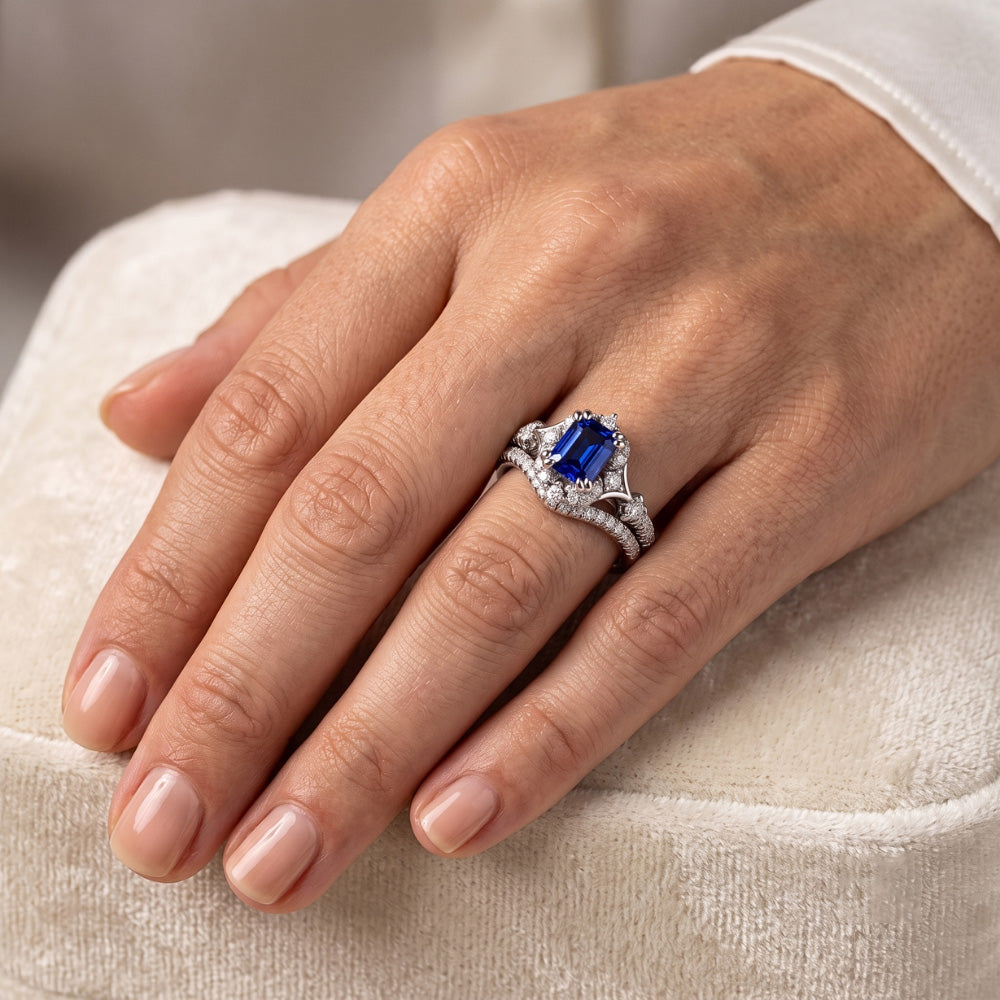 Halo Cathedral Setting Wedding Ring Set Blue Sapphire & Natural Earth Mined Diamonds