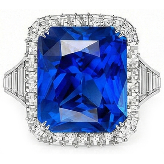 Halo Ceylon Sapphire Radiant Shaped Ring 5 Carats Baguette Natural Earth Mined Diamonds