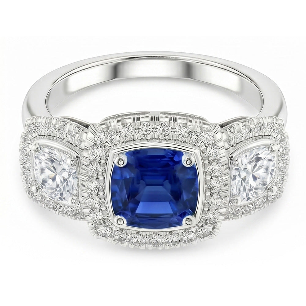 Halo Cushion Blue Sapphire Ring 3 Carats Women's Natural Earth Mined Diamond Jewellery