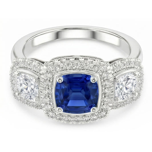 Halo Cushion Blue Sapphire Ring 3 Carats Women's Natural Earth Mined Diamond Jewellery