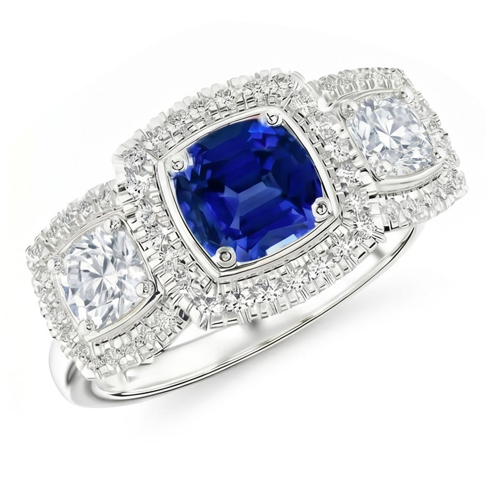 Halo Cushion Blue Sapphire Ring 3 Carats Women's Natural Earth Mined Diamond Jewellery