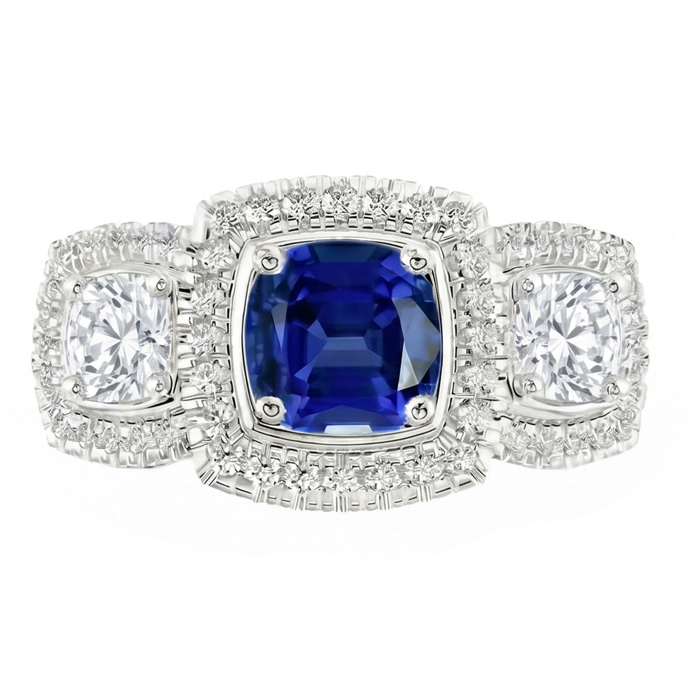 Halo Cushion Blue Sapphire Ring 3 Carats Women's Natural Earth Mined Diamond Jewellery