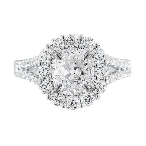 Halo Cushion Natural Diamond Old Cut Ring Prong Set 4.75 Carats Split Shank
