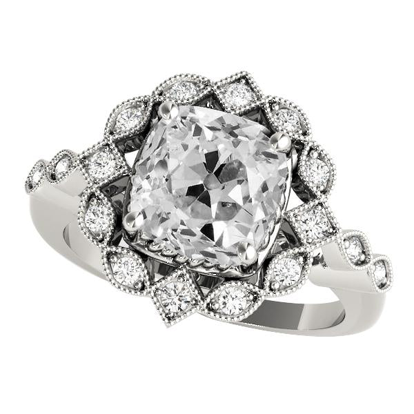 Halo Cushion Old Cut Real Diamond Ring Flower Style 8.50 Carats Milgrain