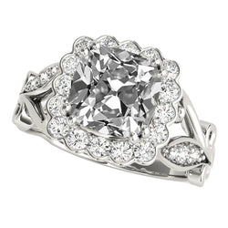 Halo Cushion Old Cut Real Diamond Ring Flower With Leaf Style 9.50 Carats