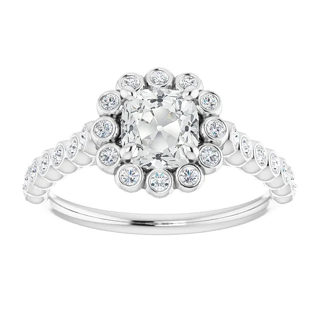 Halo Cushion Old Cut Real Diamond Ring With Accents Bezel Set 6.50 Carats