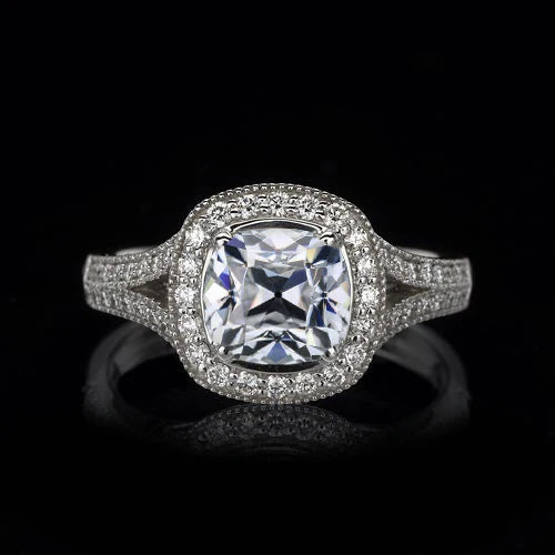 Halo Cushion Old Cut & Round Real Diamond Ring Split Shank 3 Carats