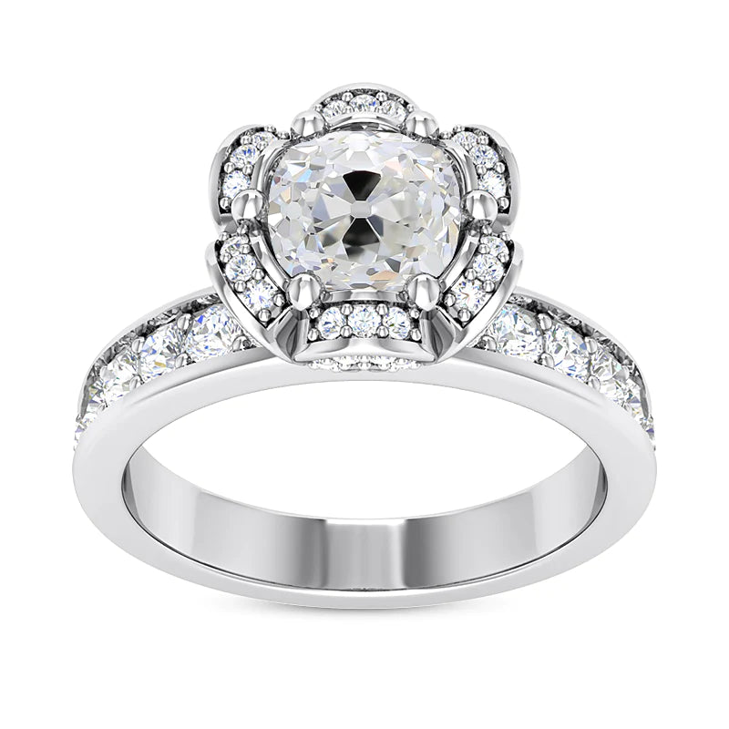 Halo Cushion Old Mine Cut Real Diamond Ring Flower Style 5 Carats