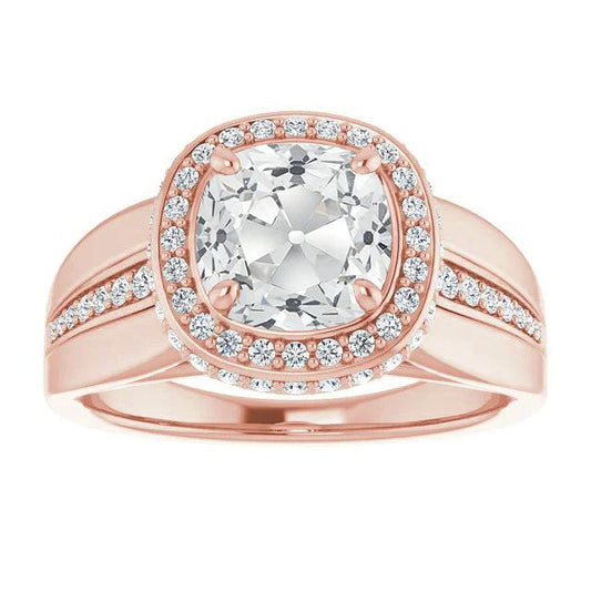 Halo Cushion Old Miner Real Diamond Ring With Accents 8.25 Carats Rose Gold