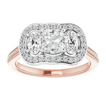 Halo Cushion & Oval Old Cut Real Diamond 3 Stone Style Ring 10.75 Carats