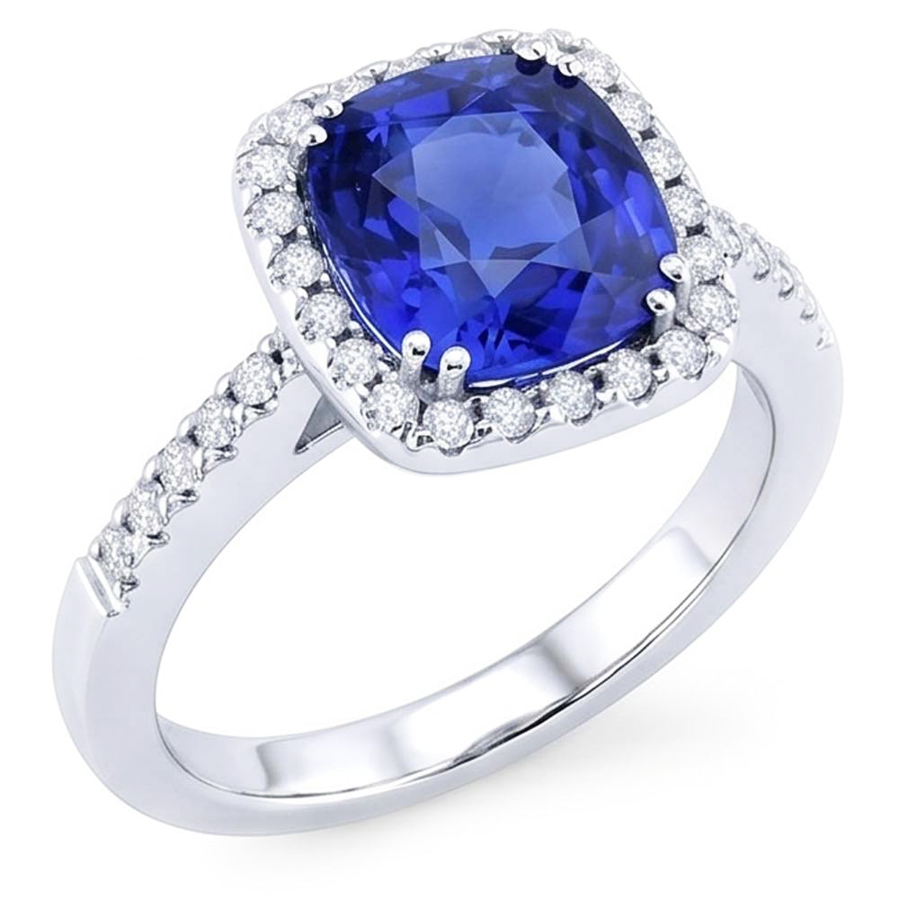 Halo Cushion Sapphire Wedding Ring 4 Carats Natural Earth Mined Diamond Accent Jewellery