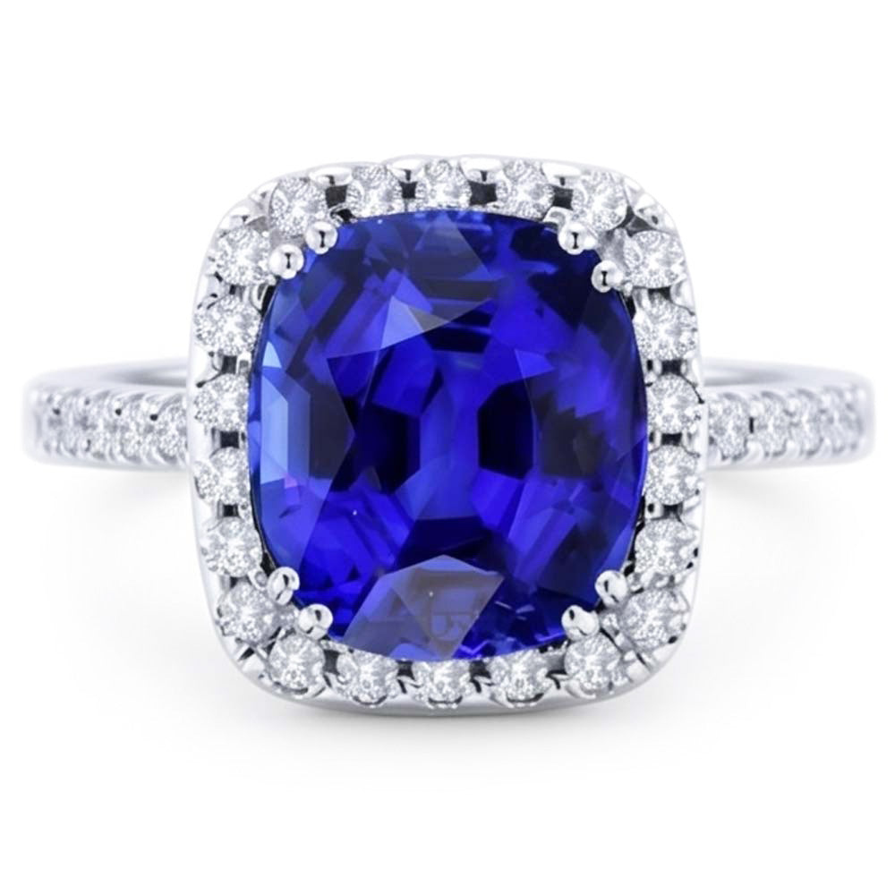 Halo Cushion Sapphire Wedding Ring 4 Carats Natural Earth Mined Diamond Accent Jewellery