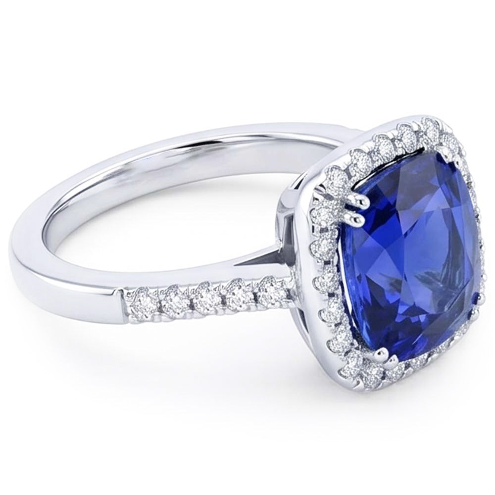 Halo Cushion Sapphire Wedding Ring 4 Carats Natural Earth Mined Diamond Accent Jewellery