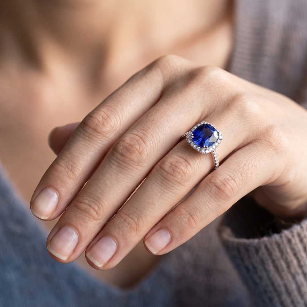 Halo Cushion Sapphire Wedding Ring 4 Carats Natural Earth Mined Diamond Accent Jewellery