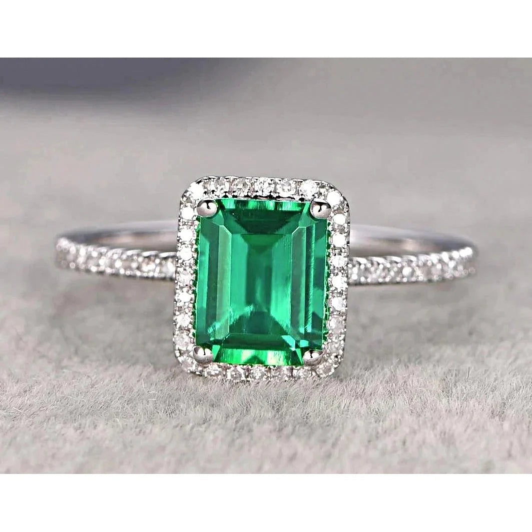 Halo Diamond Colombian Green Emerald Engagement Ring 3.55 Carats White Gold