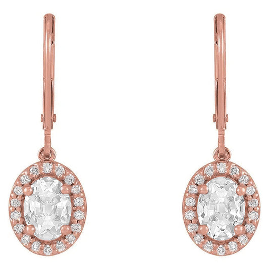 Halo Diamond Drop Earrings Oval Old Cut Natural 6.50 Carats Rose Gold