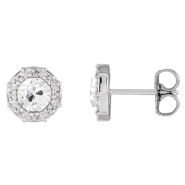 Halo Natural Earth Mined Diamond Stud Earrings Round Old European Push Backs 5 Carats