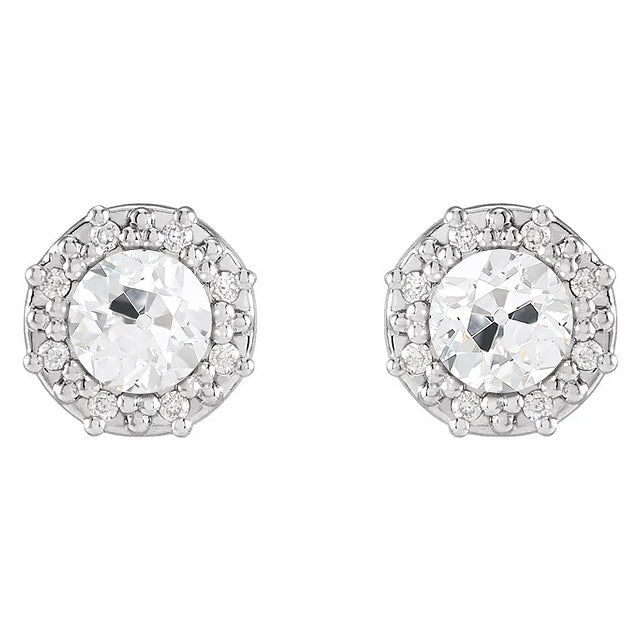 Halo Natural Earth Mined Diamond Stud Earrings Round Old European Push Backs 5 Carats