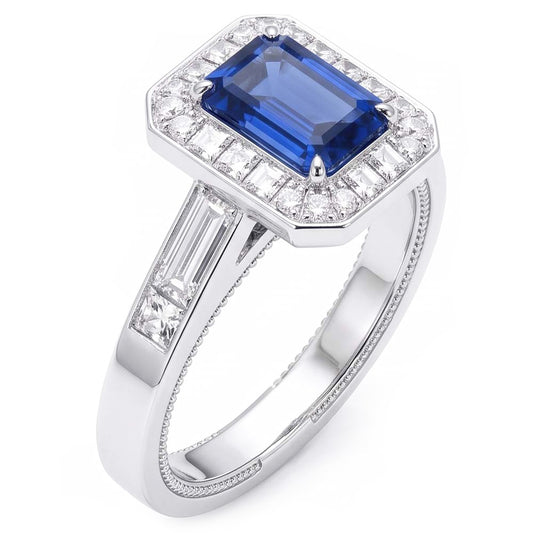 Halo Emerald Blue Sapphire Engagement Ring 3.50 Carats Jewellery