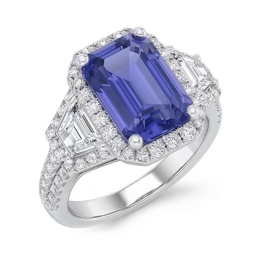 Halo Emerald Blue Sapphire Ring 4.50 Carats Trapezoid & Round Natural Earth Mined Diamonds