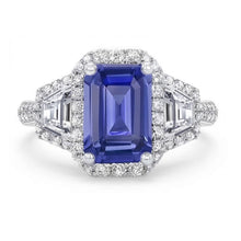 Halo Emerald Blue Sapphire Ring 4.50 Carats Trapezoid & Round Natural Earth Mined Diamonds