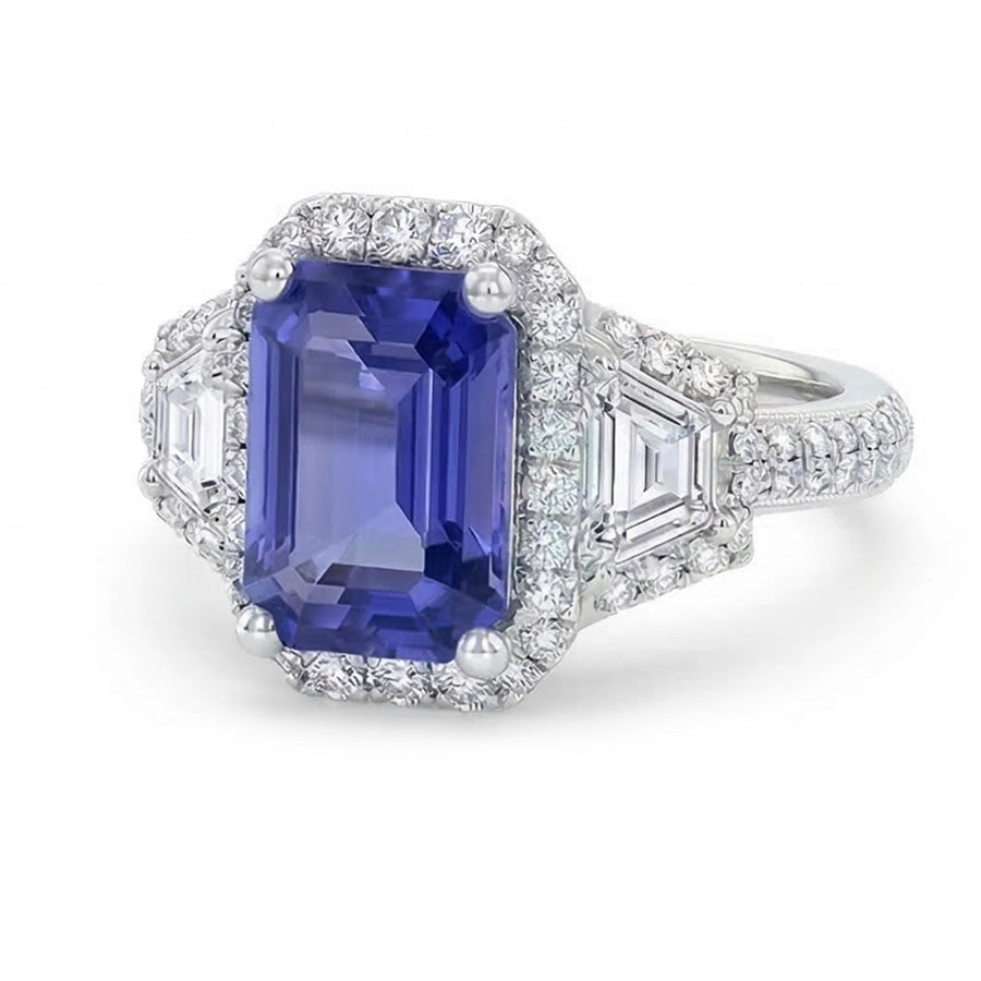 Halo Emerald Blue Sapphire Ring 4.50 Carats Trapezoid & Round Natural Earth Mined Diamonds