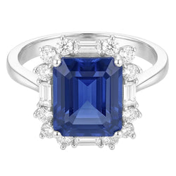 Halo Emerald Blue Sapphire Ring Round & Baguette Natural Earth Mined Diamonds 3.50 Carats