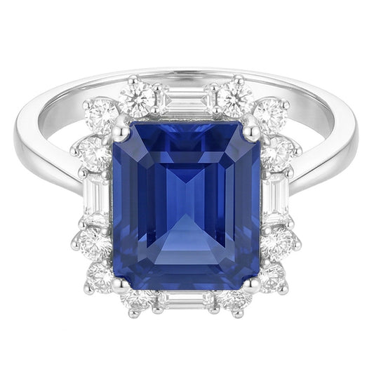 Halo Emerald Blue Sapphire Ring Round & Baguette Natural Earth Mined Diamonds 3.50 Carats