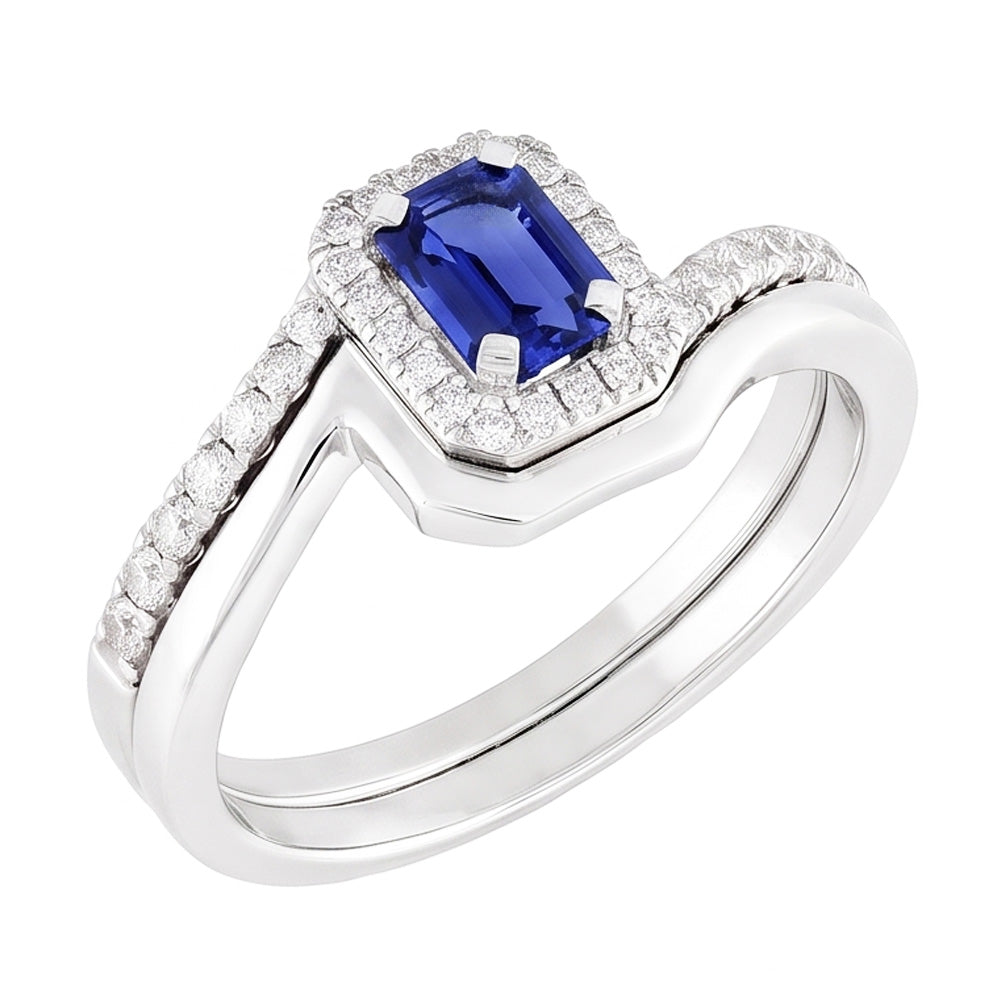 Halo Emerald Sapphire Engagement Ring Set With Matching Band 3 Carats