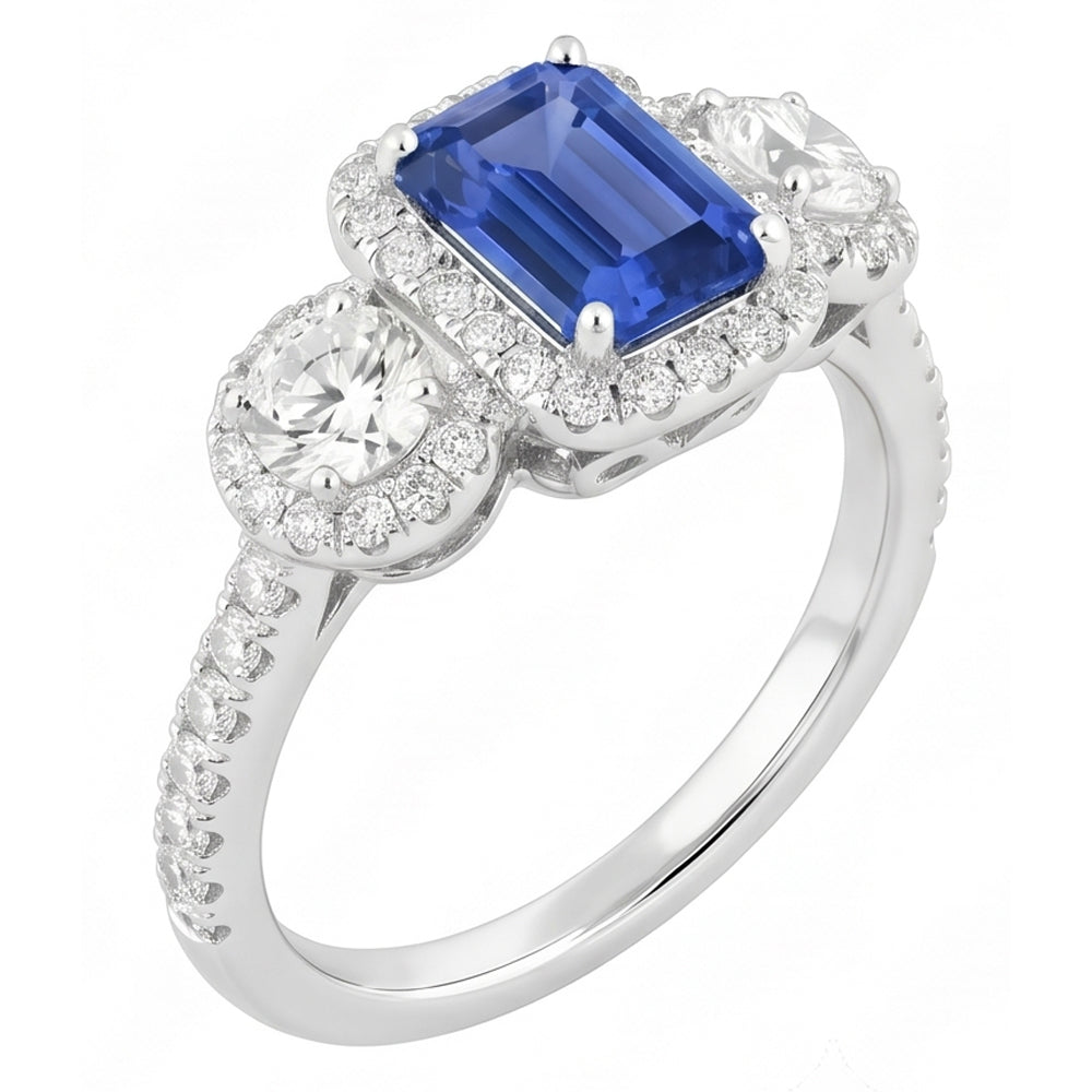 Halo Emerald Sapphire Ring 4.50 Carats Round Natural Earth Mined Diamond Gold Jewellery