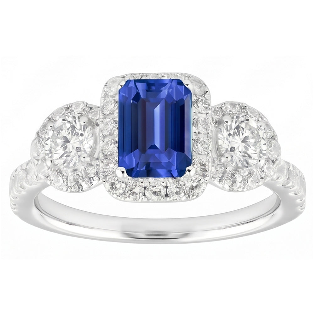 Halo Emerald Sapphire Ring 4.50 Carats Round Natural Earth Mined Diamond Gold Jewellery