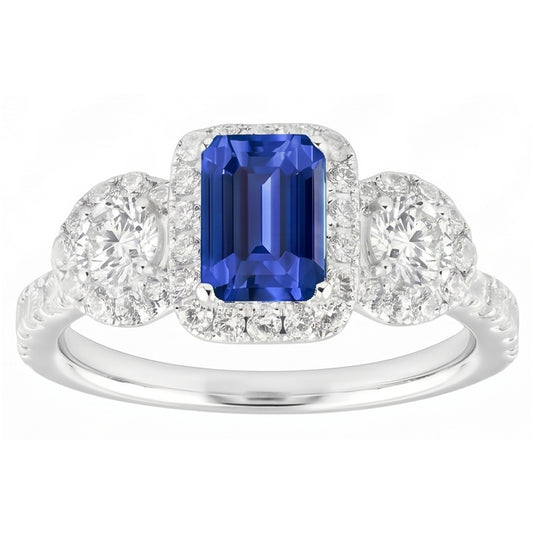Halo Emerald Sapphire Ring 4.50 Carats Round Natural Earth Mined Diamond Gold Jewellery