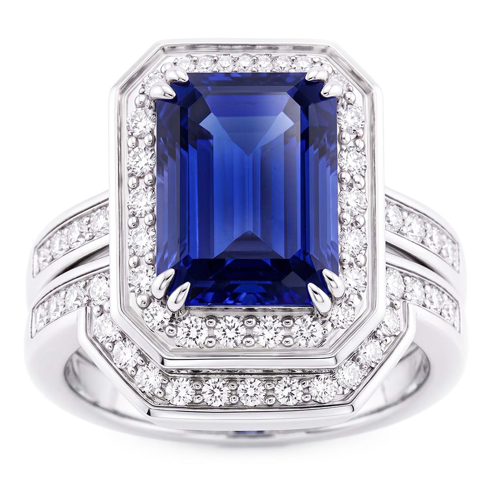 Halo Emerald Sapphire Wedding Ring Set White Gold Natural Earth Mined Diamonds 4.50 Carats