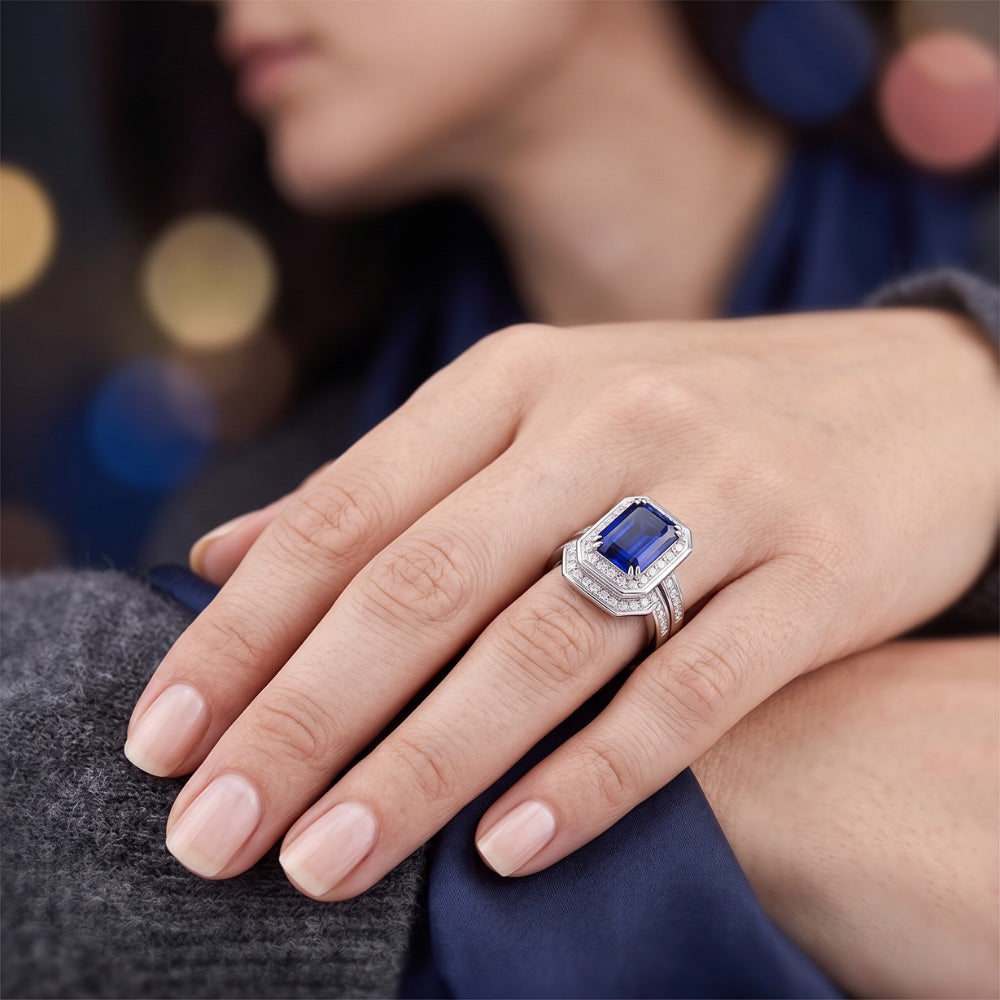 Halo Emerald Sapphire Wedding Ring Set White Gold Natural Earth Mined Diamonds 4.50 Carats