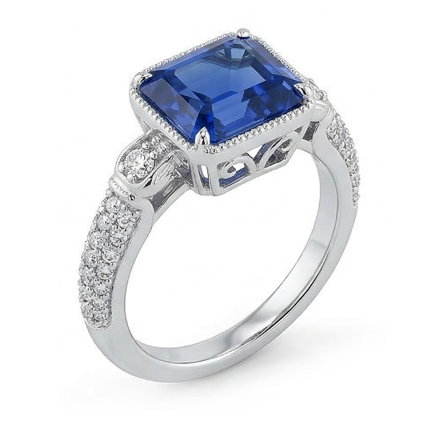Halo Emerald Sapphire Wedding Ring & Small Round Natural Earth Mined Diamonds 4 Carats