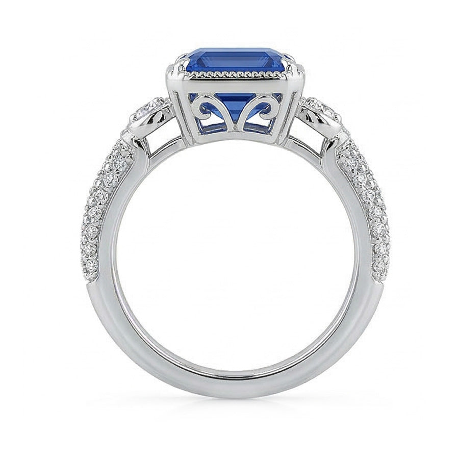 Halo Emerald Sapphire Wedding Ring & Small Round Natural Earth Mined Diamonds 4 Carats