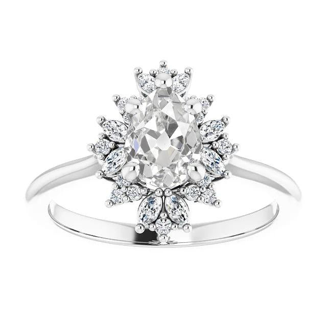 Halo Engagement Ring Genuine Pear Old Mine Cut Round Diamonds 4.15 Carats