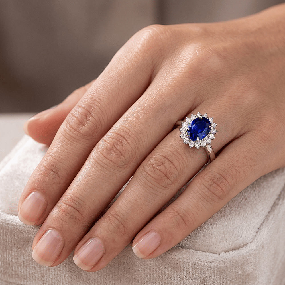 Halo Engagement Ring Oval Srilanka Sapphire Sunburst Style 2.50 Carats