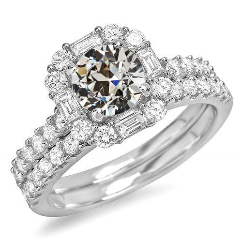 Halo Engagement Ring Set Baguette & Round Old Cut Natural Diamond 6.50 Carats