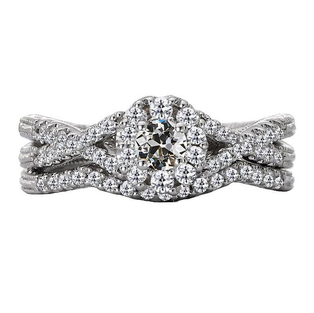 Halo Engagement Ring Set Old Cut Original Diamond Twisted Shank 3.50 Carats