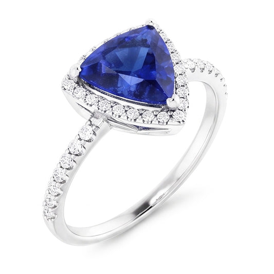 Halo Engagement Ring Trillion Ceylon Sapphire & Natural Earth Mined Diamonds 3 Carats